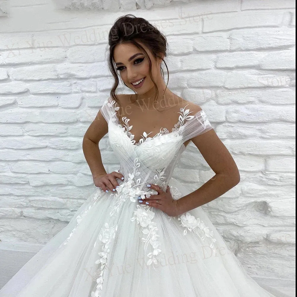 A Line Wedding Dresses Off The Shoulder Lace Appliques Bride Gowns