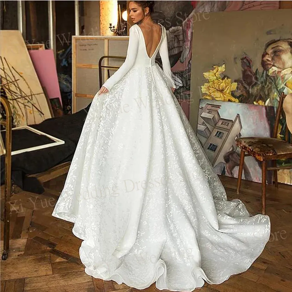 A Line Women's Wedding Dresses Elegant V Neck Long Sleeve Bride Gowns