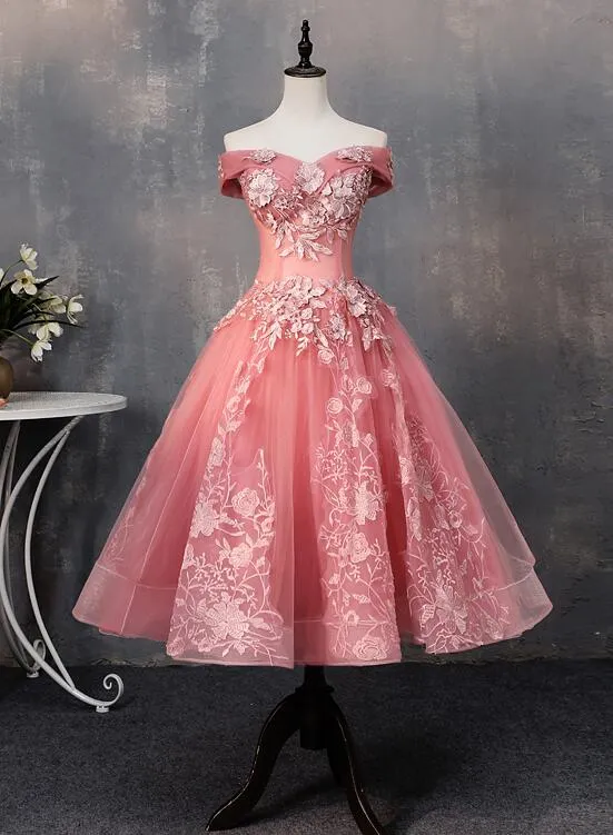 Anneprom Pink Tea Length Sweetheart Off Shoulder Prom Dress, Sweet 16 Dresses APH0077