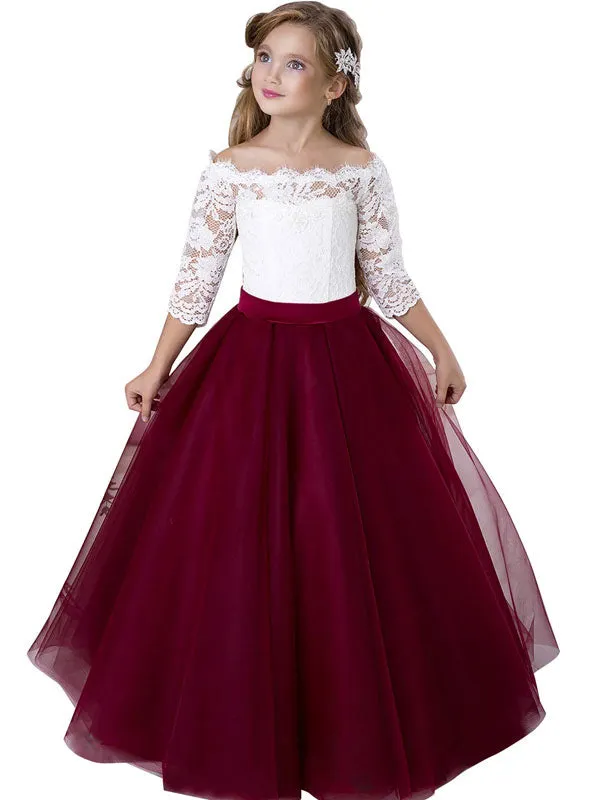 Bateau Neck Tulle Floor Length Princess Sash Kids Party Dresses