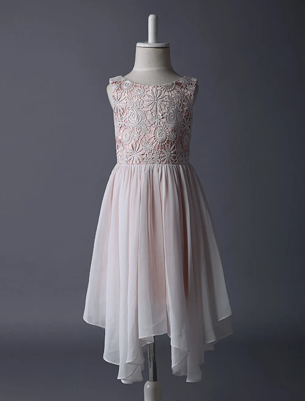 Blush Pink Flower Girl Boho Dress Tea Length Lace Chiffon Irregular Design Kids Party Dresses
