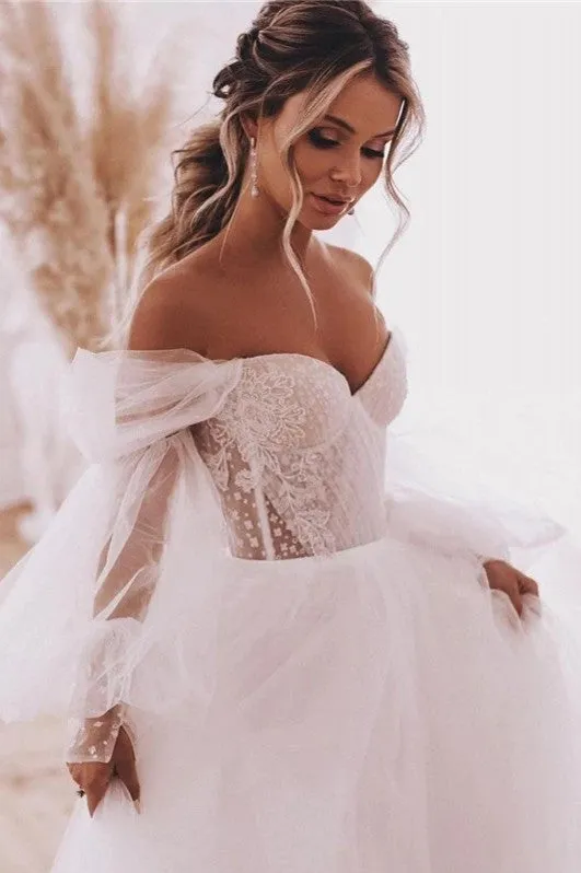 Boho A-Line Wedding Dresses Detachable Long Puff Sleeve