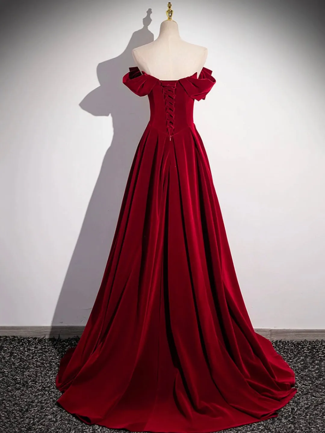 Burgundy Velvet Long Prom Dresses, Off the Shoulder Evening Party Dresses
