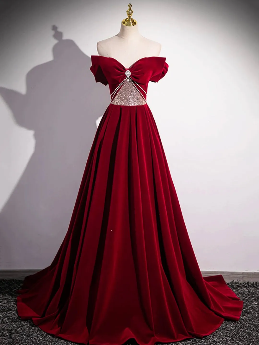 Burgundy Velvet Long Prom Dresses, Off the Shoulder Evening Party Dresses