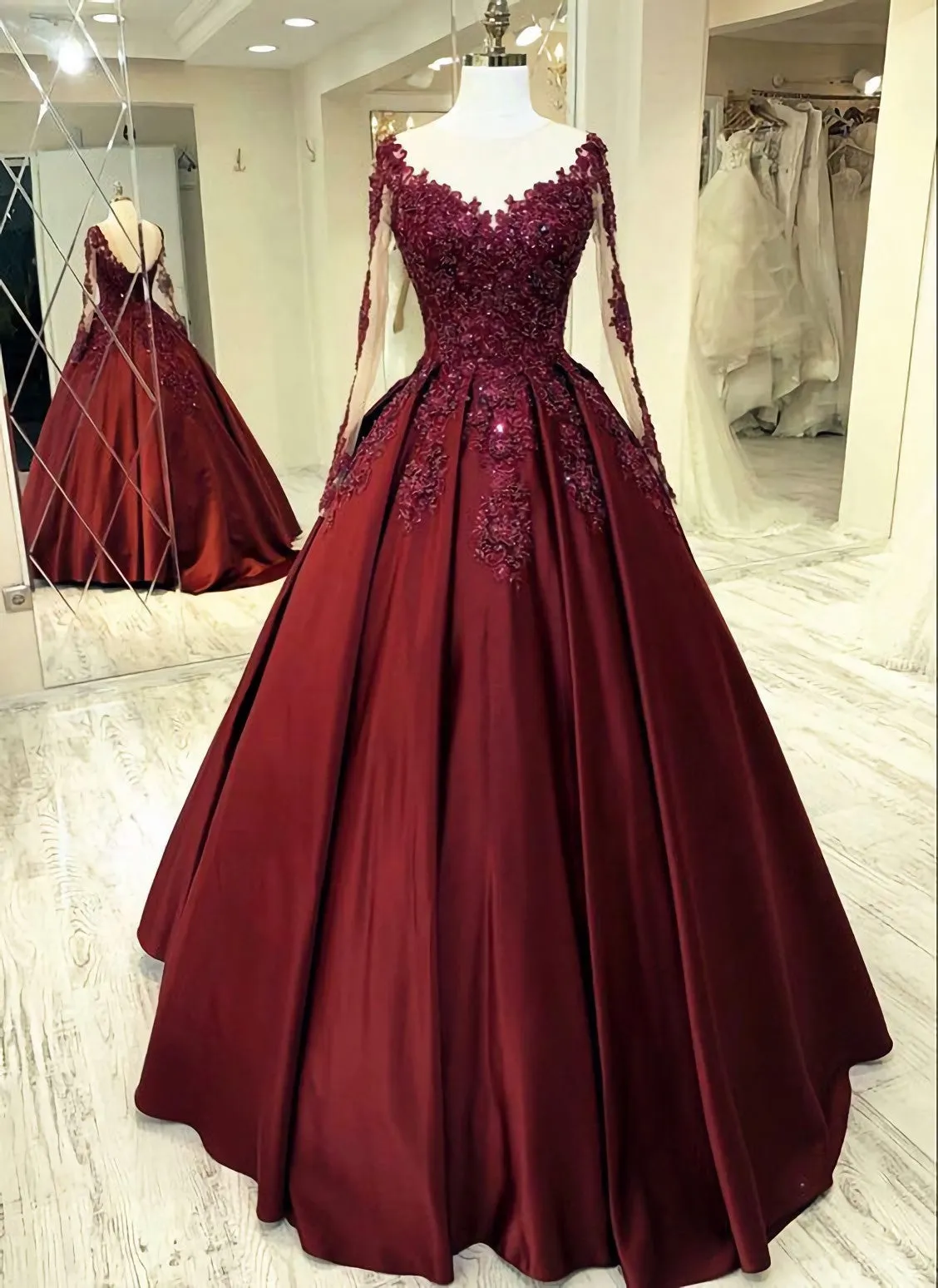 Burgundy Wedding Dresses, Long Sleeves Prom Dresses