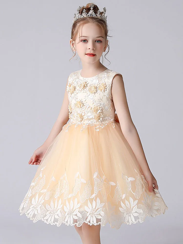 Champagne Color Jewel Neck Sleeveless Short Princess Lace Flowers Formal Kids Pageant flower girl dresses