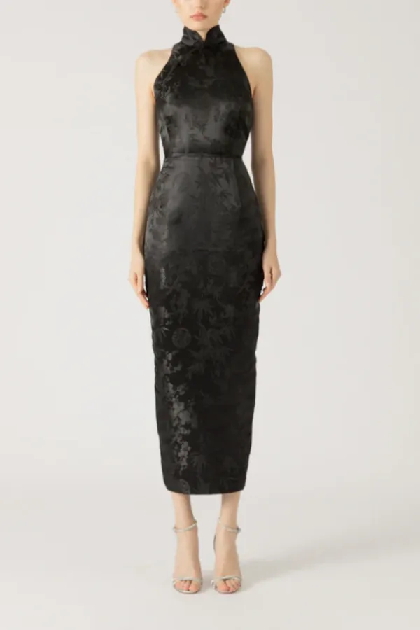 Cheongsam Bamboo Flower Print Off-the-shoulder Slit Jacquard Midi Dress