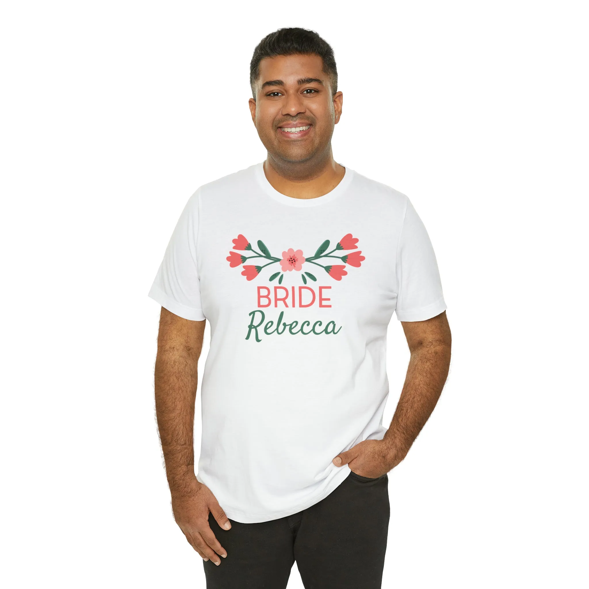 CUSTOM Bride Bridal Crew T-Shirt | Pink and Peach  Flower Tee |  Bella Canvas 3001 Unisex | Wedding Party Short Sleeve Tshirt