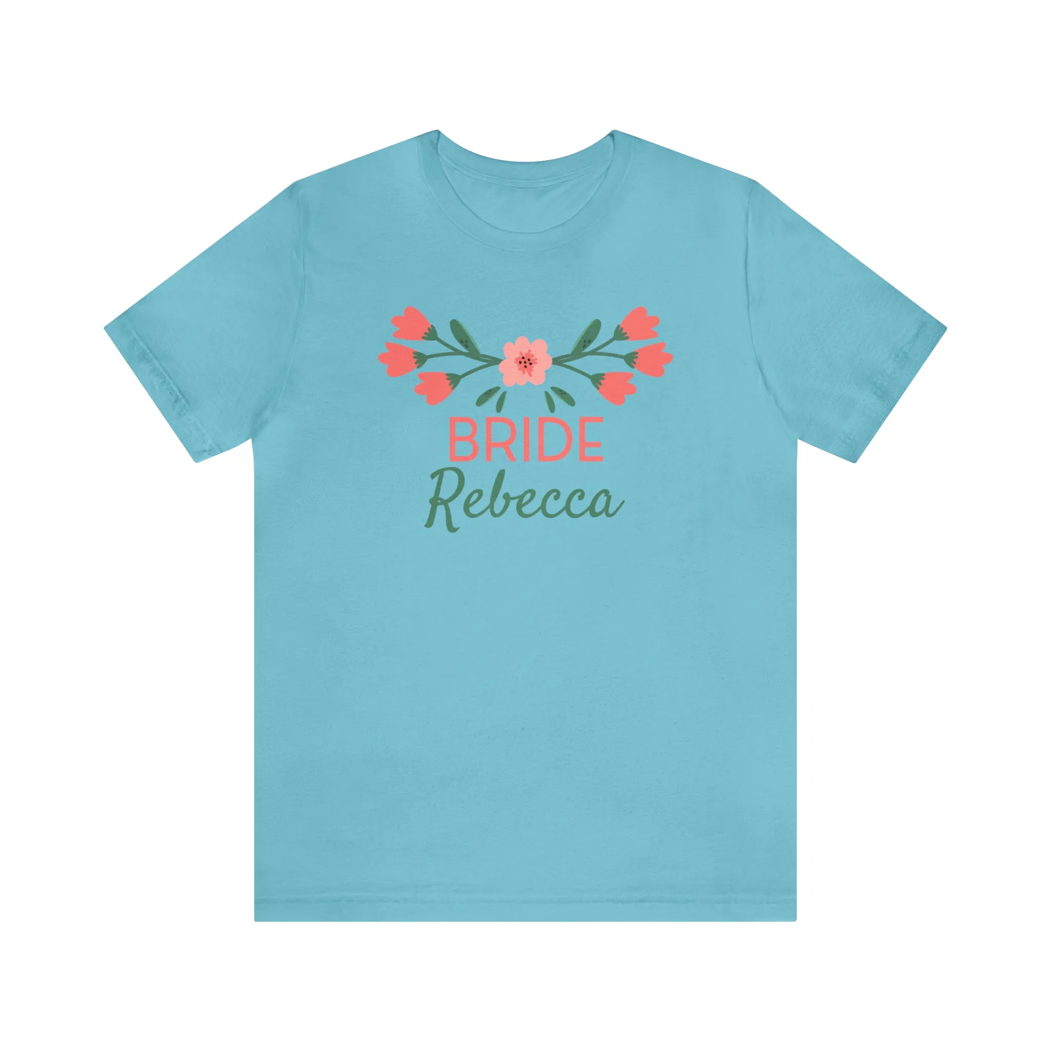 CUSTOM Bride Bridal Crew T-Shirt | Pink and Peach  Flower Tee |  Bella Canvas 3001 Unisex | Wedding Party Short Sleeve Tshirt