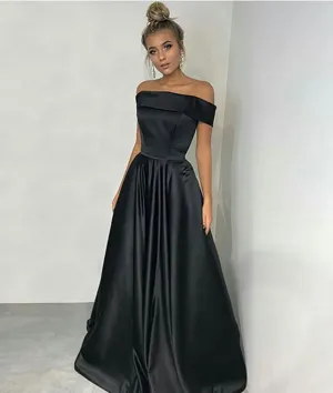 Custom Made Off Shoulder Black Satin Long Prom Dresses, Black Long Evening Dresses Formal Dresses, Black Graduation Dresses