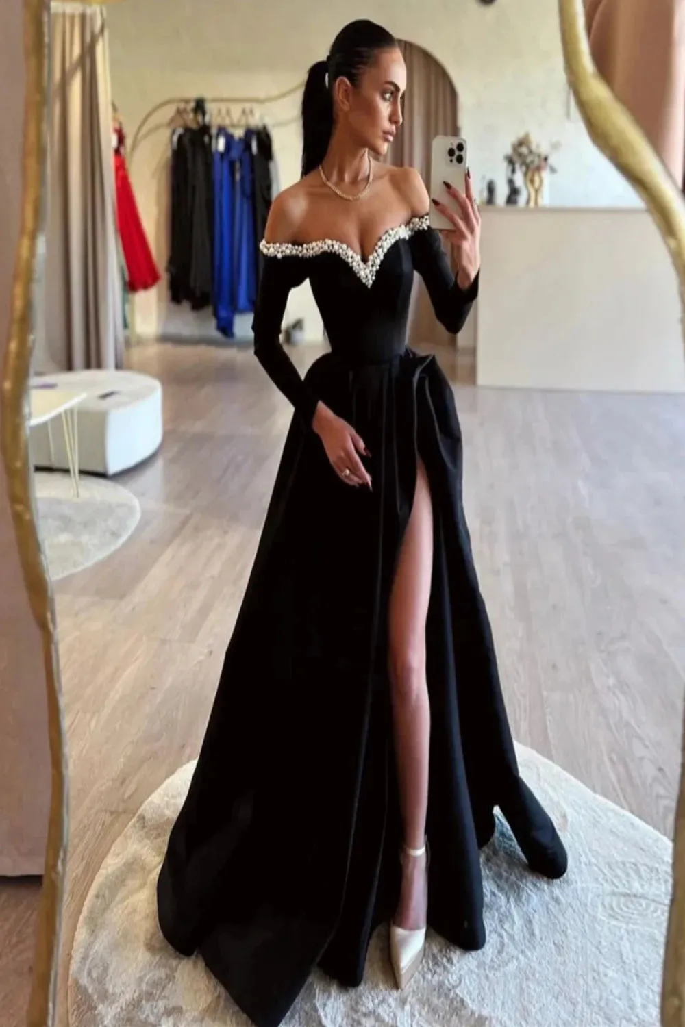 Elegant A-Line Satin Off Shoulder Long Sleeves Prom Gowns