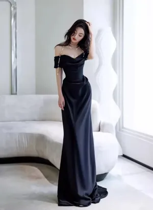 Elegant Black Off Shoulder Long Formal Gown, Black Satin Prom Dresses Party Dresses