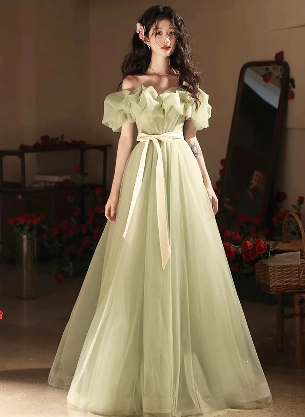 Green Off Shoulder Tulle A-line Floor Length Party Dresses, Green Tulle Prom Dresses