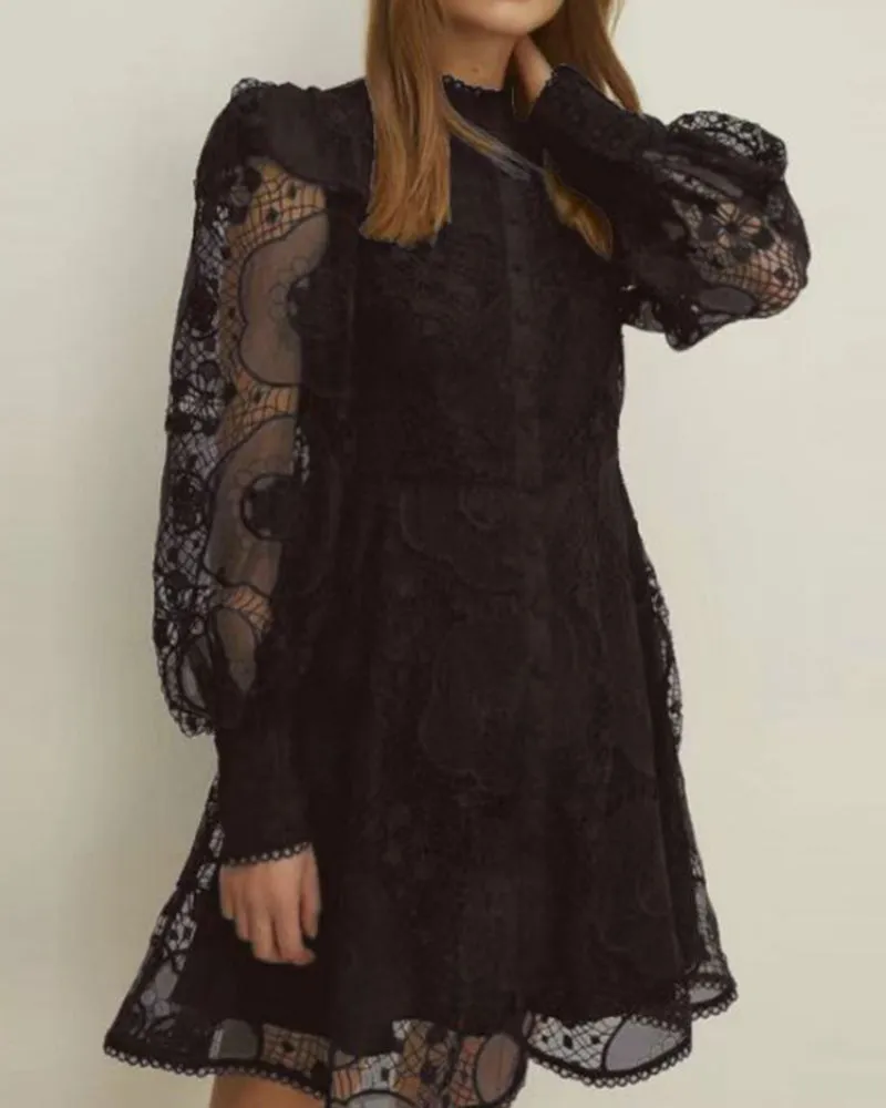 High Collar Lace Bubble Sleeve Ruffled Mini Dresses