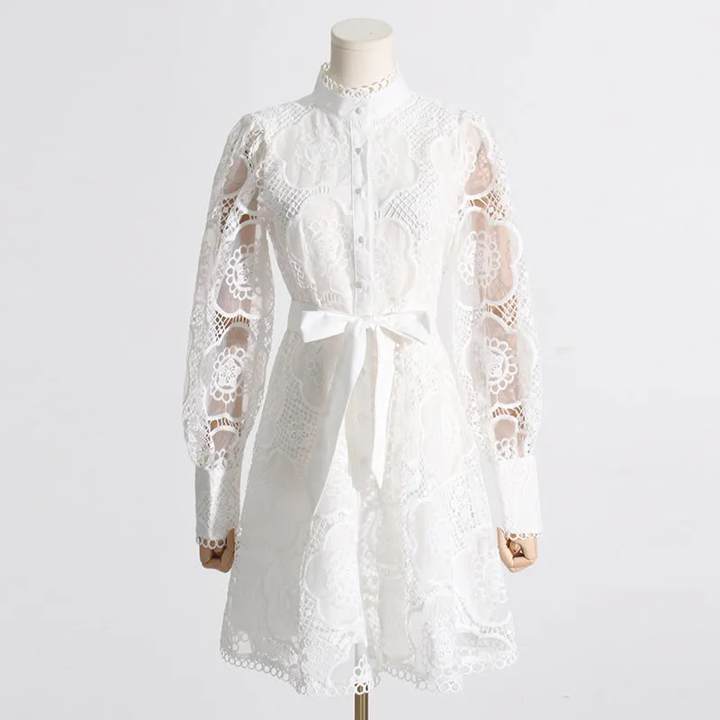 High Collar Lace Bubble Sleeve Ruffled Mini Dresses