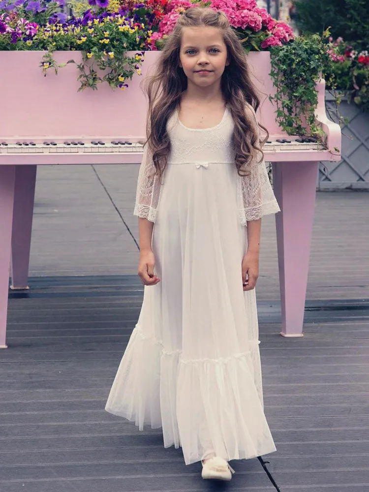 Ivory Jewel Neck Long Sleeves Lace Kids Party Dresses