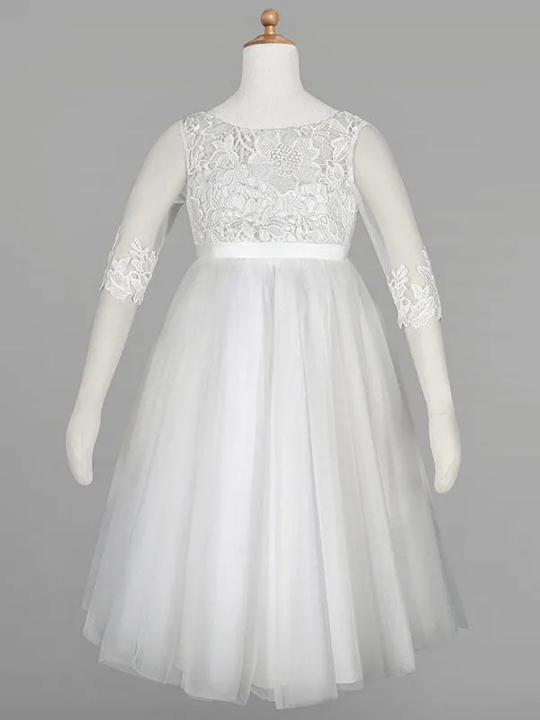 Ivory Jewel Tulle Neck Tulle Half Sleeves A-Line Lace Kids Party Dresses