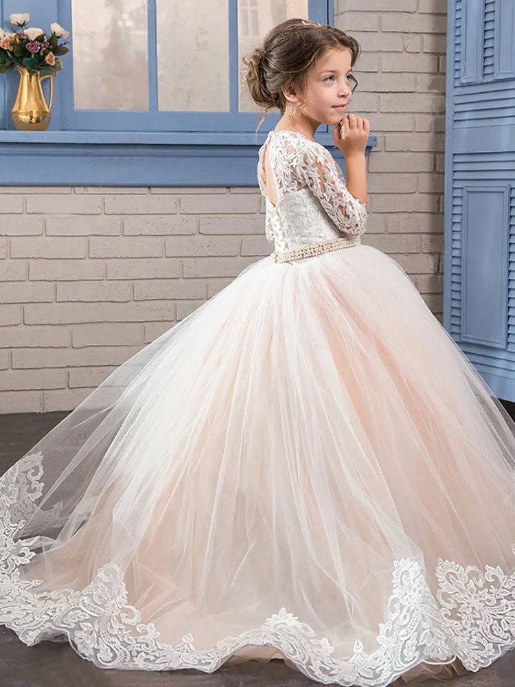 Jewel Neck Lace Long Sleeves Floor-Length Princess Embroidered Formal Kids Pageant flower girl dresses
