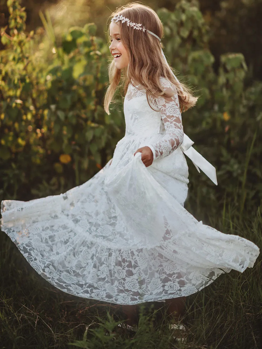 Jewel Neck Long Sleeves Lace Kids Social Party Dresses