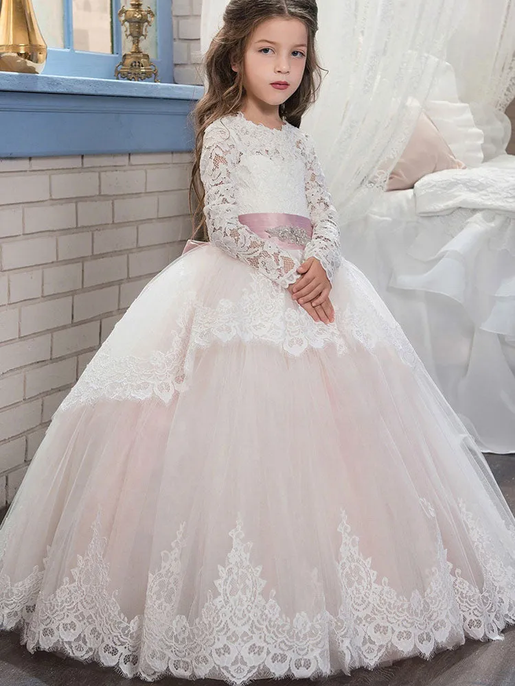 Jewel Neck Long Sleeves Sash Formal Kids Pageant flower girl dresses