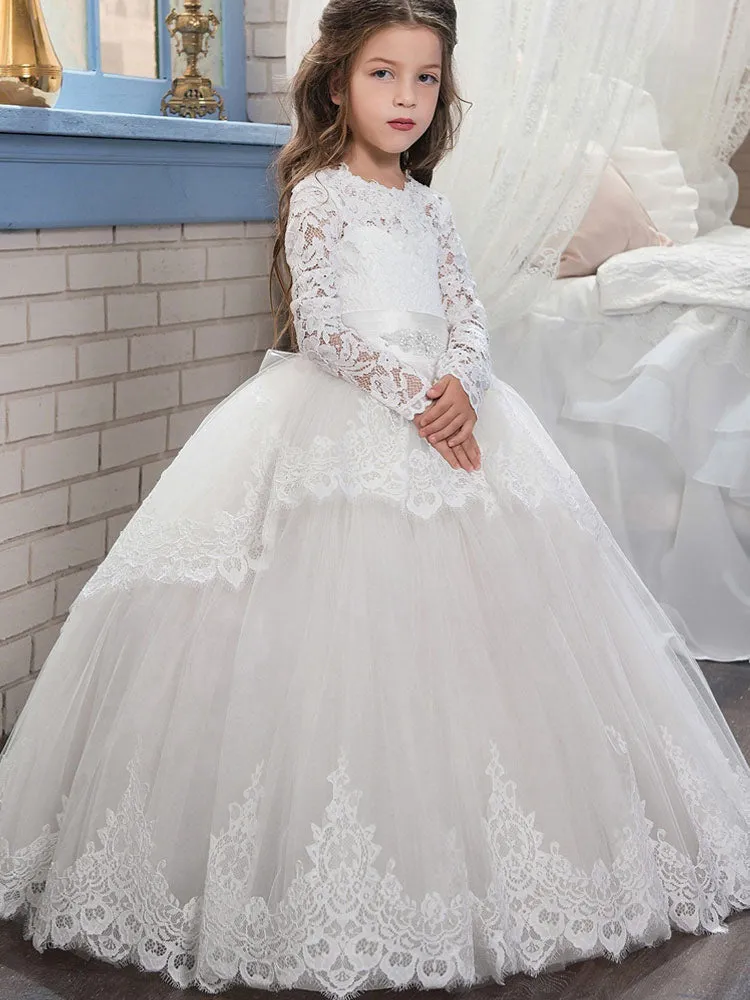 Jewel Neck Long Sleeves Sash Formal Kids Pageant flower girl dresses