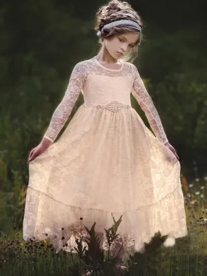 Jewel Neck Long Sleeves Sash Kids Social Party Dresses