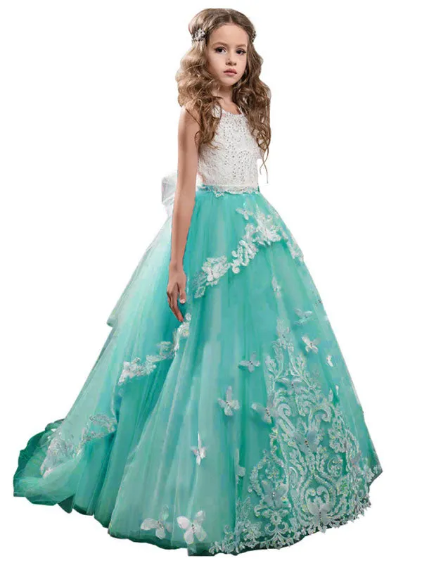 Jewel Neck Sleeveless Butterfly Formal Kids Princess Dresses
