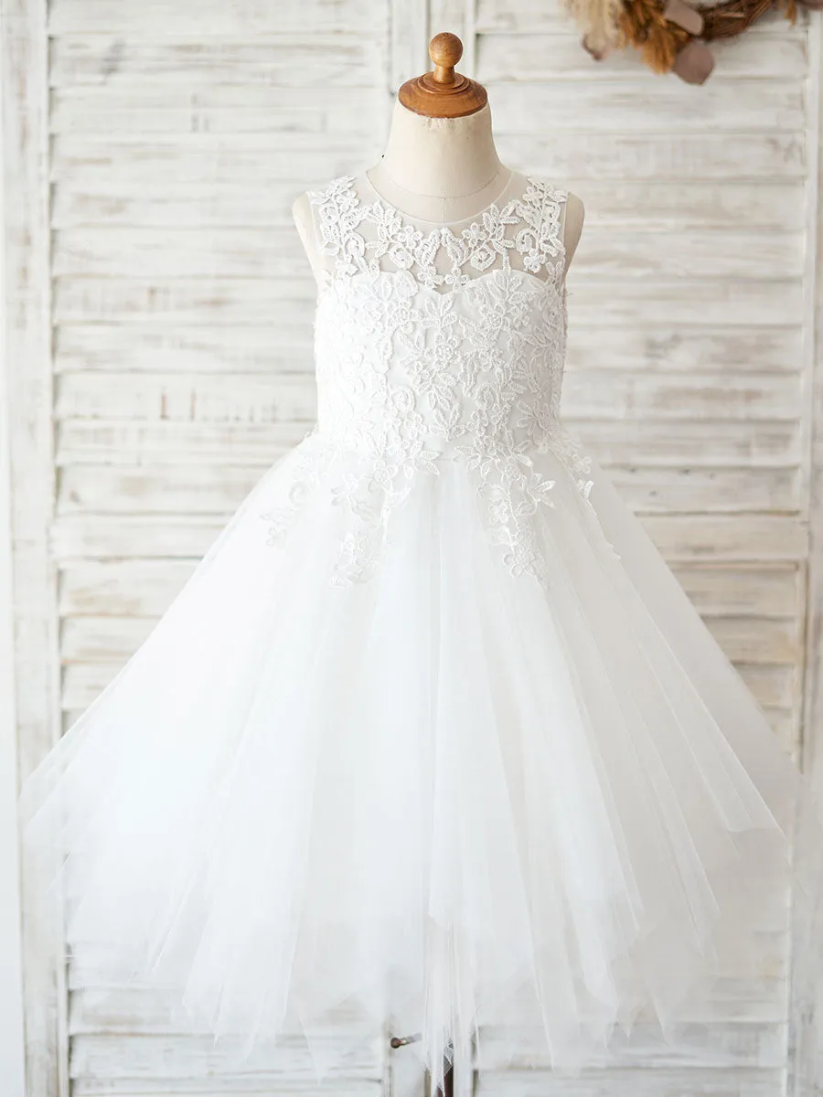 Jewel Neck Sleeveless Lace Bodice Kids Party Dresses