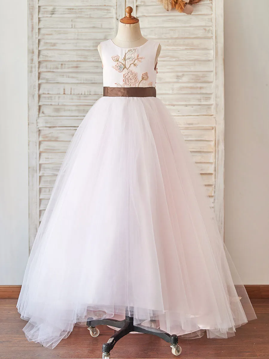 Jewel Neck Sleeveless Sash Pink Kids Social Party Dresses