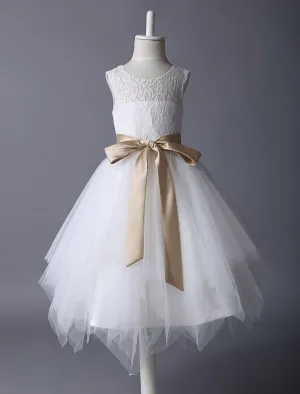 Lace Ivory Tutu Dress Satin Ribbon Bow Sash Illusion Kids Party Dress