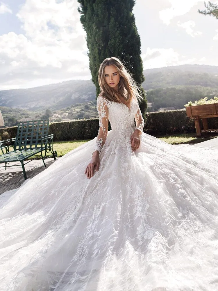 Lace wedding dress v-neck 3d flower