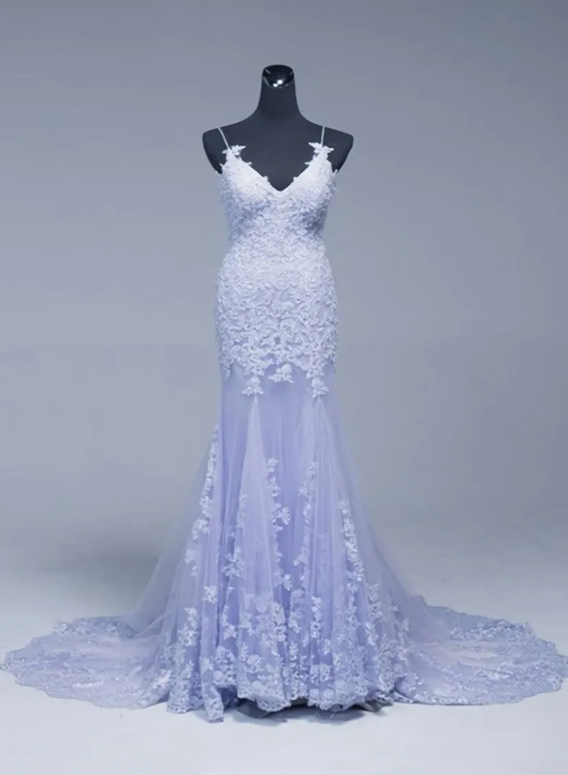 Lavener Tulle with Lace Sheath Spaghetti Straps Evening Dresses, Long Prom Dresses