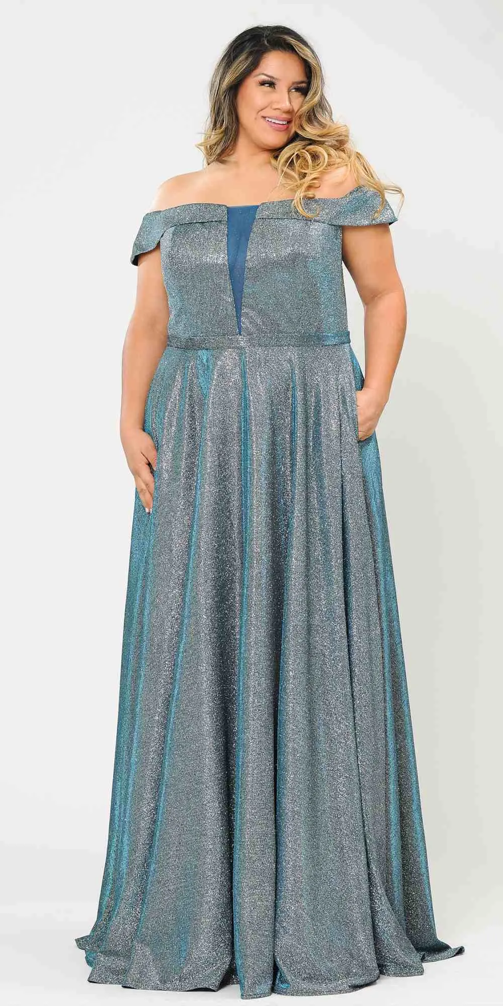 Lindas W1060 Off the Shoulder V-Neck Iridescent Glitter Two Tone Plus Size Dress