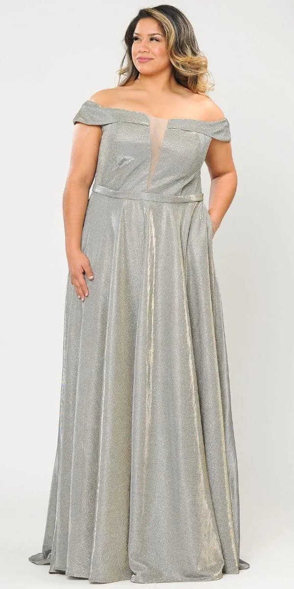 Lindas W1060 Off the Shoulder V-Neck Iridescent Glitter Two Tone Plus Size Dress