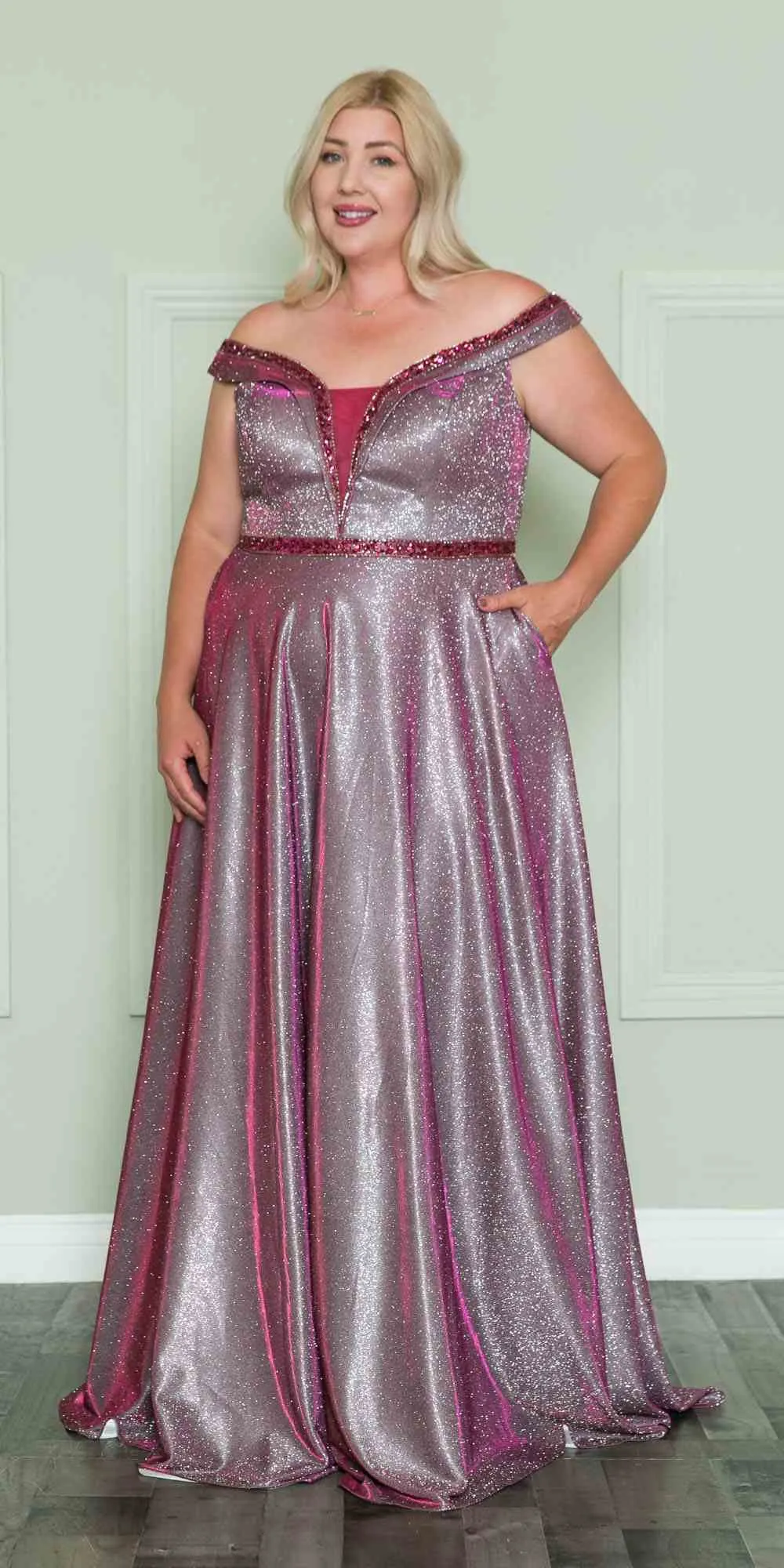Lindas W1096 Off the Shoulder Glitter Knit A-Line Gown with Pockets
