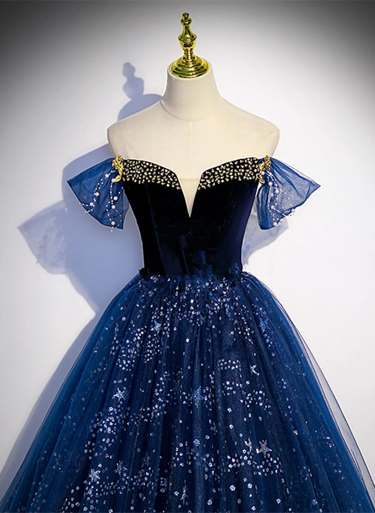 Lovely Navy Blue Tulle Off Shoulder Beaded Long Party Dresses, Navy Blue Tulle Prom Dresses