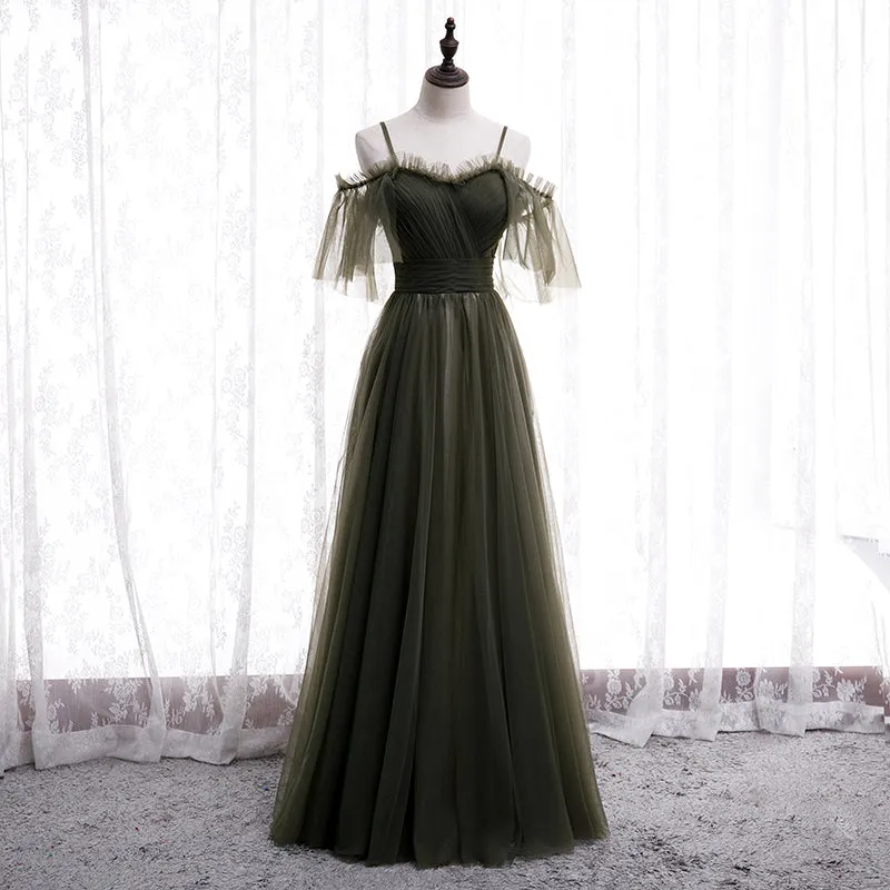Lovely Simple Off Shoulder Straps Long Tulle Party Dresses, Simple Formal Dress Prom Dress