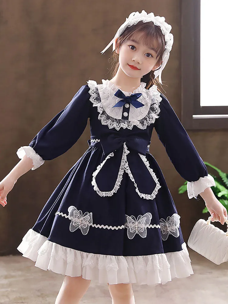 Navy Blue Designed Neckline Tulle Long Sleeves Short A-Line Bows Kids Party Dresses