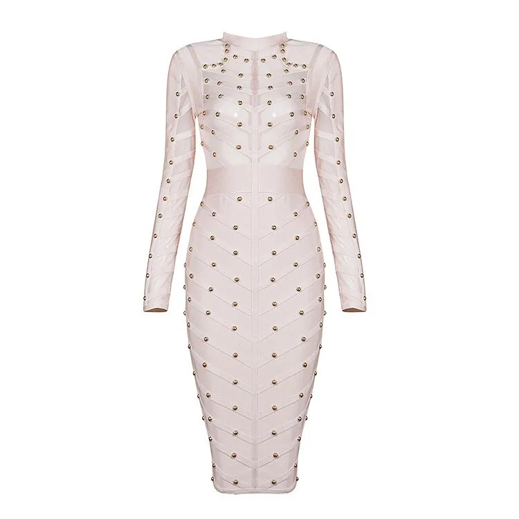New Spring Celebrity Party Dress Women Knee Length Bodycon Dresses Sexy Mesh Long Sleeve Beaded Bandage Dresses