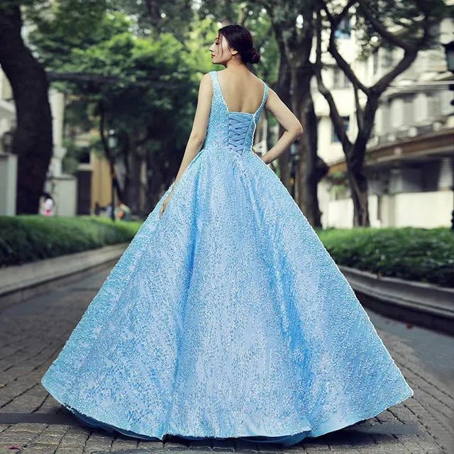 O-neck floor length puffy pleat evening party dress