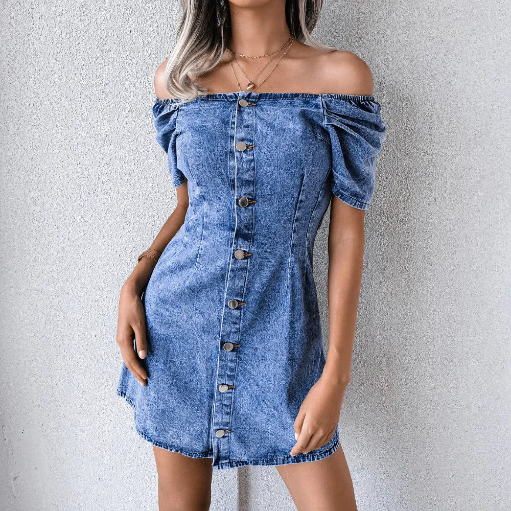 Off Shoulder Puff Bubble Sleeve Single-breasted Denim Mini Dresses