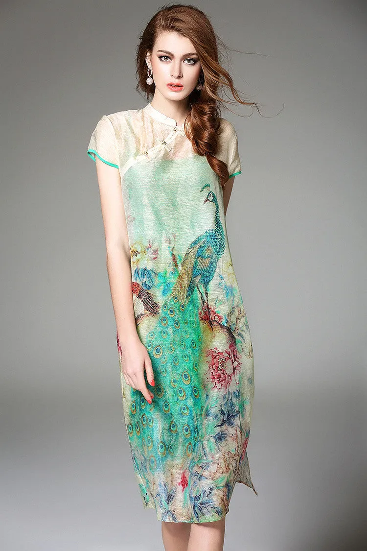 Peacock Print Silk Dress