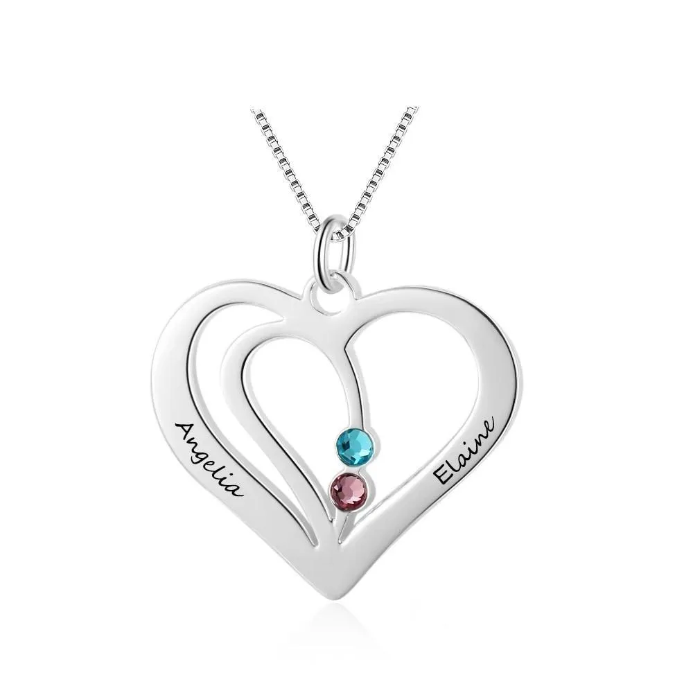 Personalized 925 Sterling Silver Engraved Name Heart Birthstone Pendant Necklace, Jewelry for Women