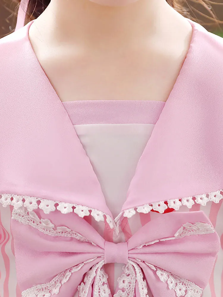 Pink Designed Neckline Short Sleeves Lace Tulle Embroidered Kids Social Party Dresses