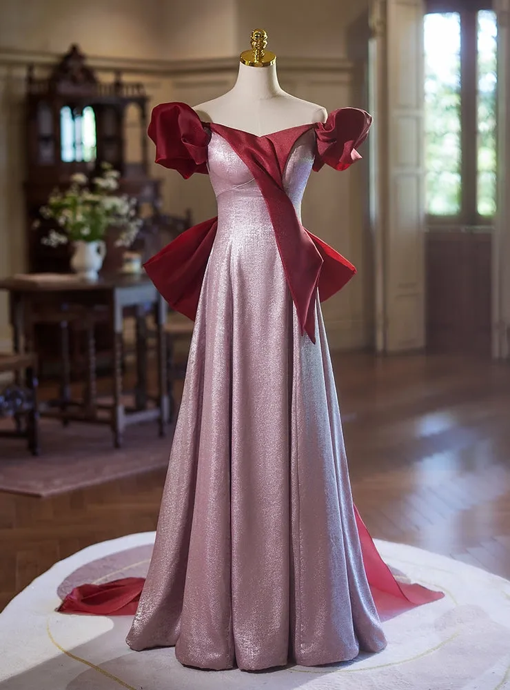 Pink Off the Shoulder Bow Prom Dresses
