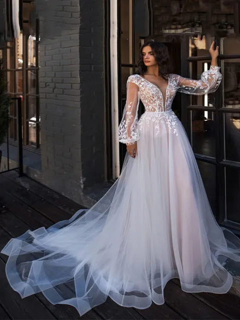 Puff Long Sleeves A-Line Floor Length Bride Dress