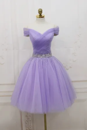 Purple Tulle Beaded Short Prom Dresses, Off Shoulder Party Dresses