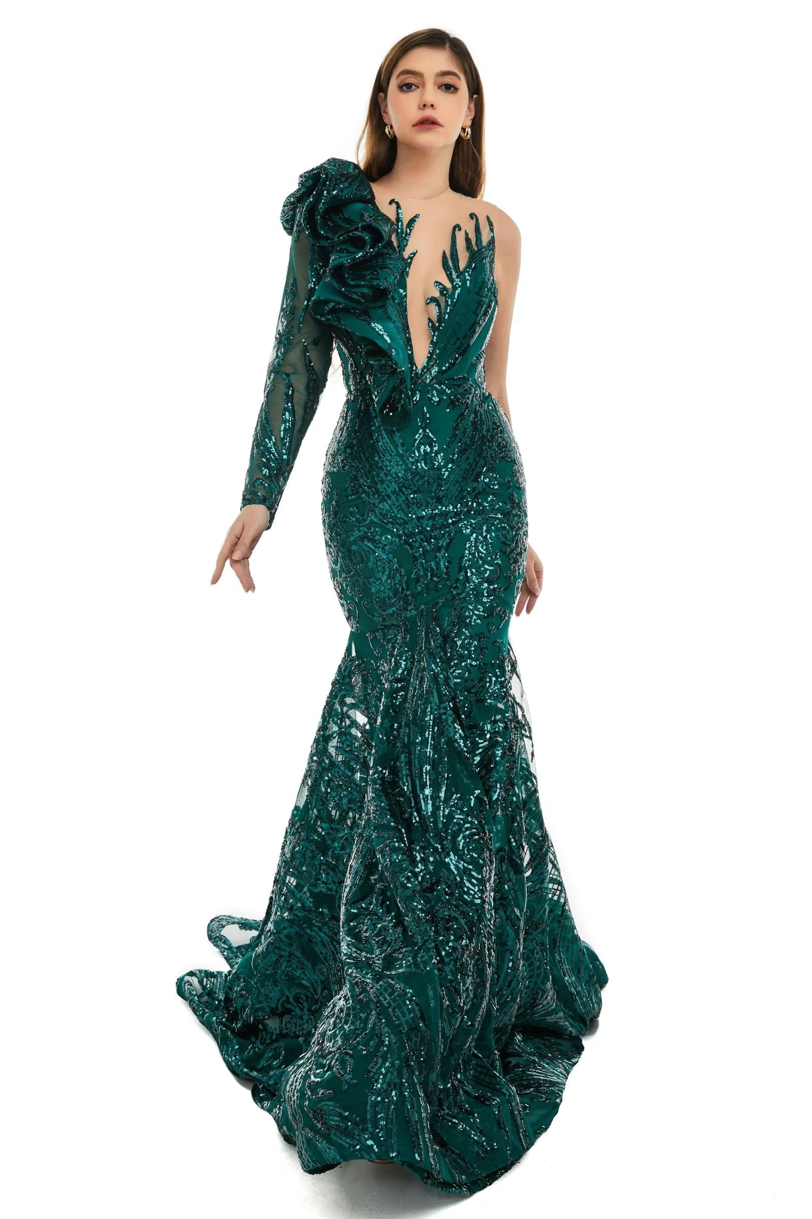 Red Mermaid One Sleeve Prom Dresses Sequined Lace Jewel Ruffles Evening Party Dresses with Appliques