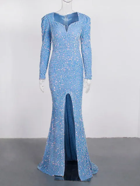 Romantic Sky Blue Long Sleeve Mermaid Wedding Gown Shiny Sequin
