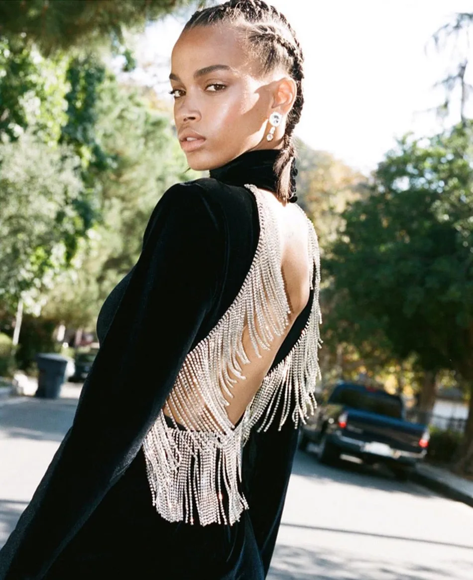 Sexy Backless Diamond Tassel Velvet Dress
